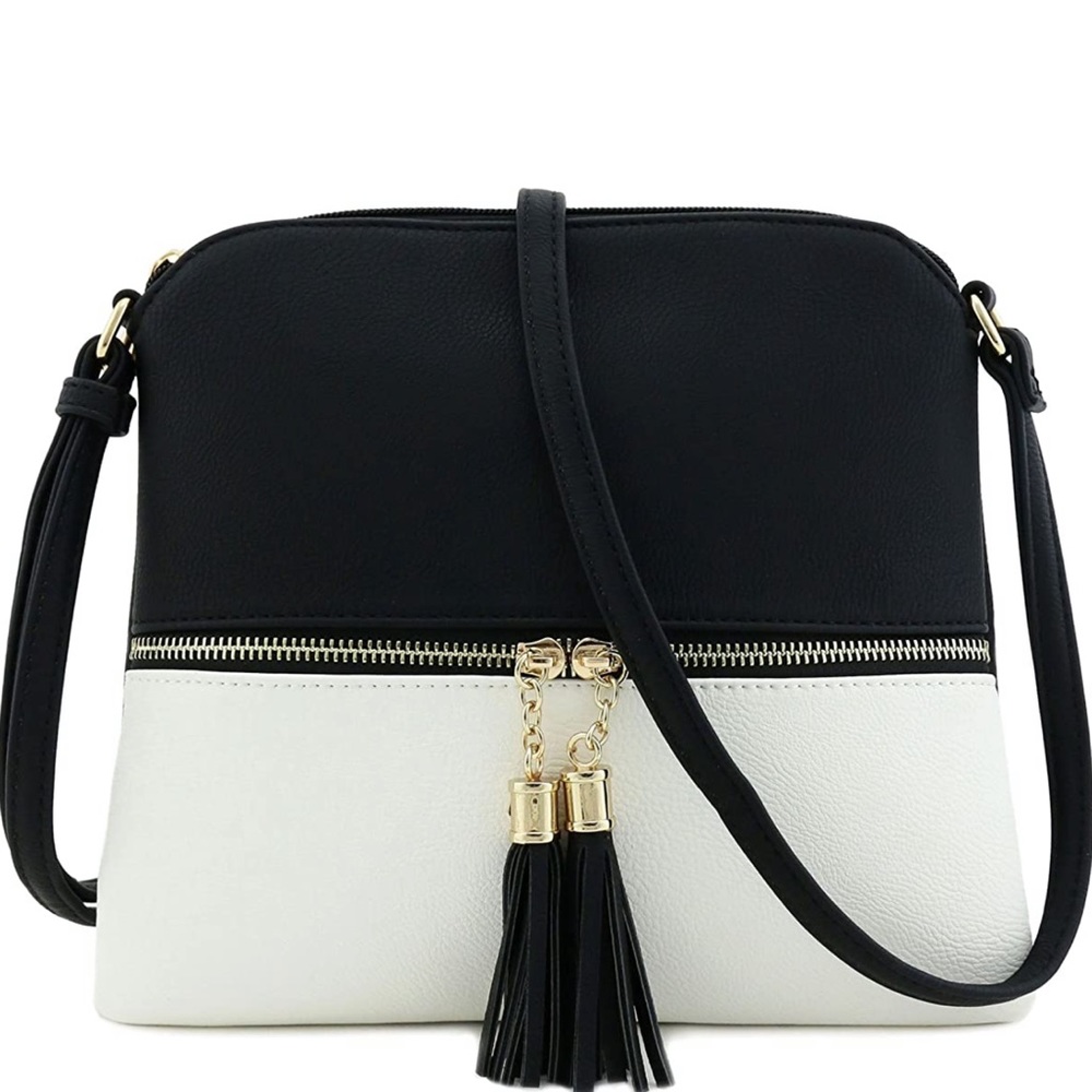 Deluxiity Bella Tassel Charm Cross Body Bag Blk/Wh